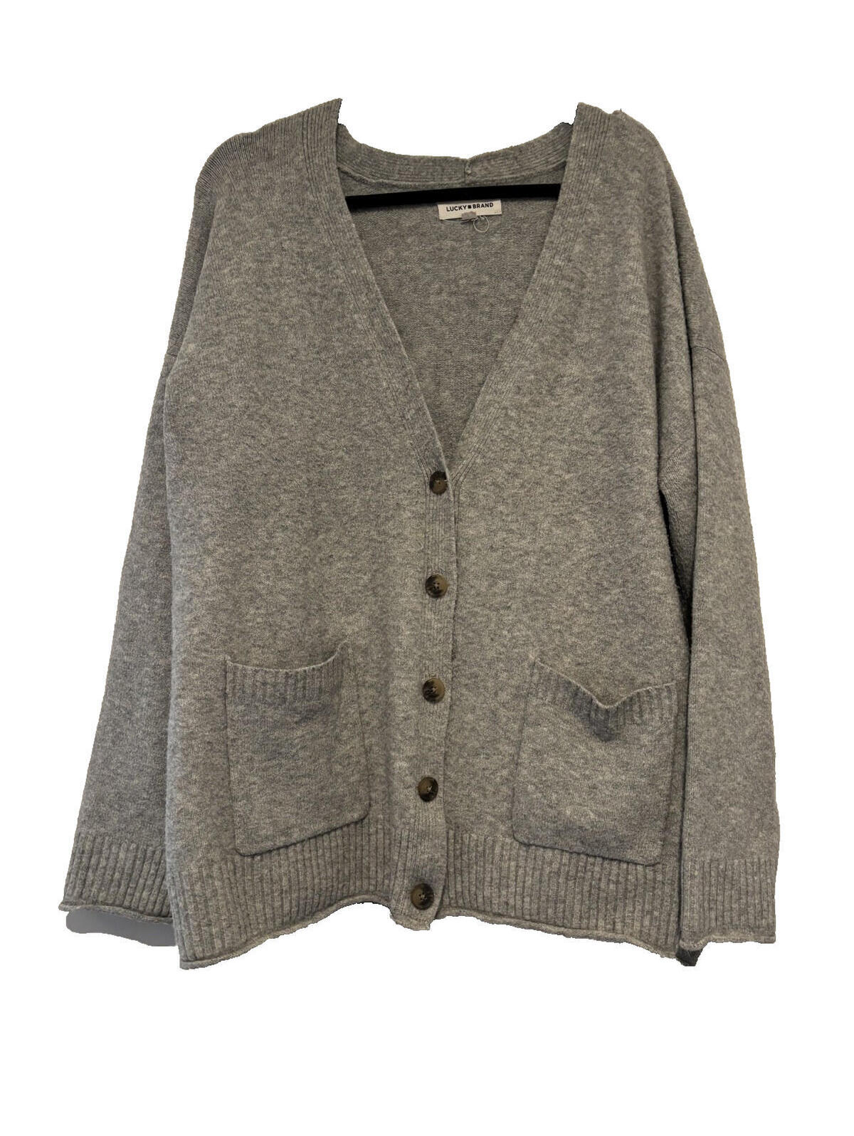 Lucky Brand Sz L Grey V Neck Button Down Cardigan Sweater Pockets Aa
